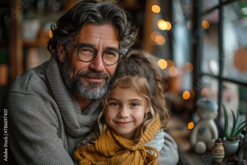 cozy father's day moment with warm lights, father and a daughter sharing a hug