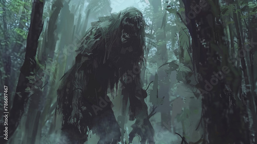 A massive creature moves through a forest teeming with tall trees