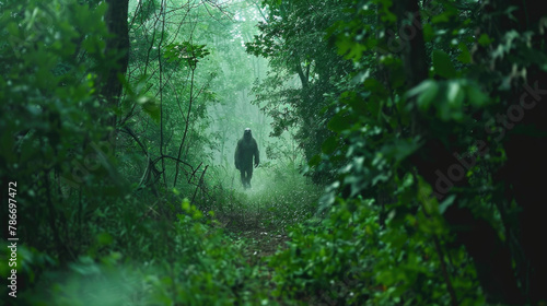 A lone person wanders down a foggy trail surrounded by lush greenery in the quiet of early morning © sommersby