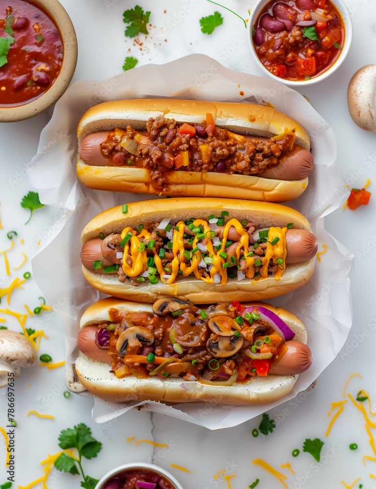 Gourmet Hot Dog Trio: Deluxe Chili, Cheese, and Veggie-Topped Franks Gourmet Hot Dog Trio: Deluxe Chili, Cheese, and Veggie-Topped Franks