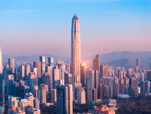 Aerial view of Skyline in Shenzhen city CBD sunset in China photo