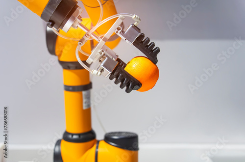 robot hand is holding a orange. Modern technology and robotics.