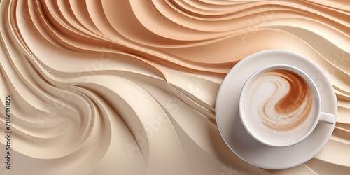 Coffee background, a cup of coffee with latte art against a background of soft waves in brown tones, top view 