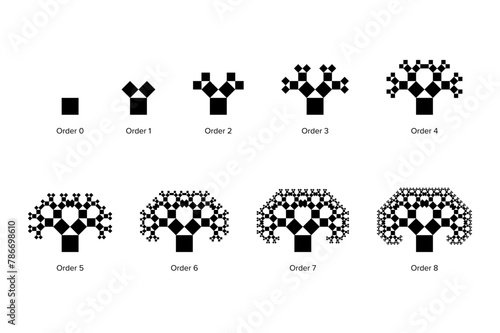 Evolution of a Pythagoras tree, a fractal constructed from squares. Each triple of touching squares encloses a right triangle. Starting with a square, upon it 2 scaled down squares, then repeated.
