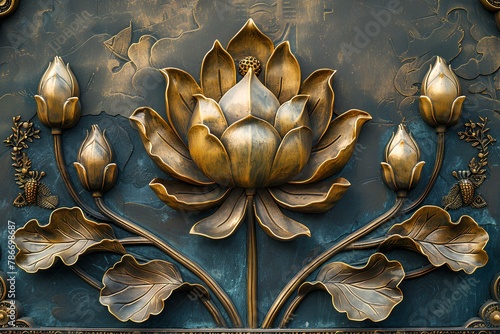 A gold and blue metal work with flowers and leaves on