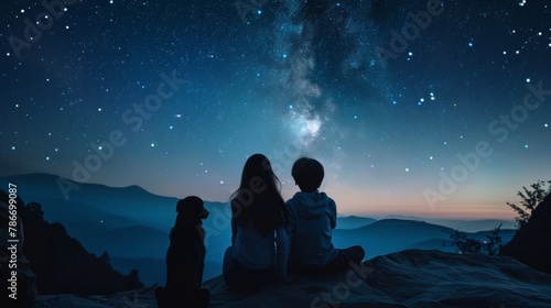 Kids with dog admire night sky on mountain cliff, rear view, serene moment under stars