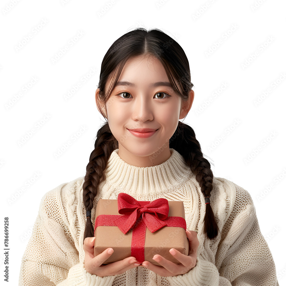 Gift Box in the Hands of a Happy Beautiful Asian Woman, Isolated on Transparent Background, PNG