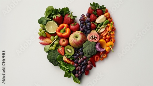 Colorful arrangement of various fruits and vegetables forming a heart shape on a white background  symbolizing healthy eating.