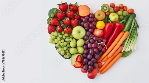 Colorful arrangement of various fruits and vegetables forming a heart shape on a white background  symbolizing healthy eating.