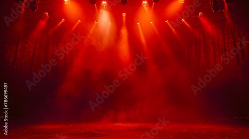 Rock concert stage light background with spotlight illuminated the stage for night music festival. Performance event stage. Empty stage with dramatic red colors. Entertainment show. Rock concert stage