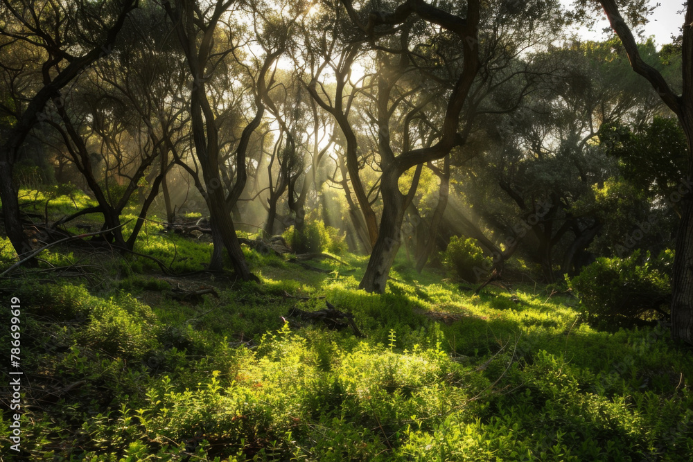 Fototapeta premium Enchanted Forest: Sunlight Filtering Through the Canopy
