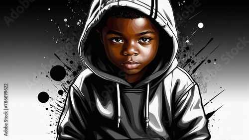 Serious African American boy - teenager in sweatshirt, graffiti style, illustration.