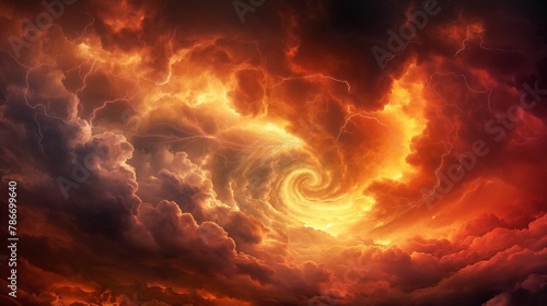 Dramatic and intense sky with fiery clouds resembling molten lava, evoking an apocalyptic atmosphere. © kept