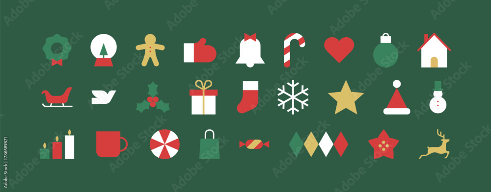 custom made wallpaper toronto digitalModern geometric christmas icon illustration set. Geometric xmas holiday clip art element collection. Contemporary scandinavian style graphic. Santa hat, gift box, deer, ornament bauble bundle.