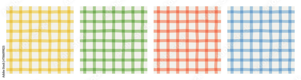 Colorful geometric plaid seamless pattern set. Traditional square gingham background collection. Checked wallpaper print, checker mosaic grid tartan texture bundle.