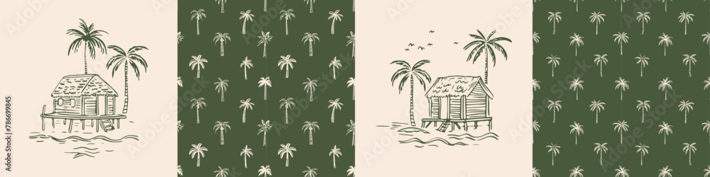 Fototapeta premium Hand drawn palm tree seamless pattern illustration set. Hawaiian print collection, summer vacation background in vintage art style. Tropical plant painting wallpaper texture.