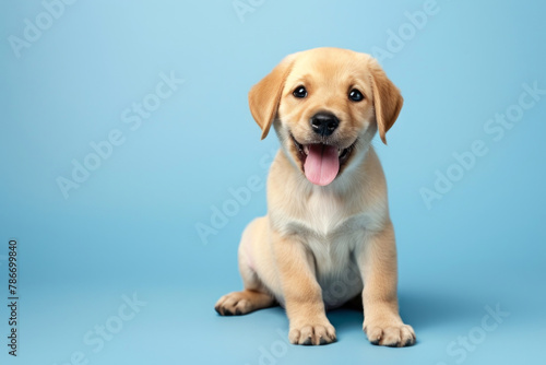 Happy puppy smiling on light blue empty background with space for text or inscriptions, front view 