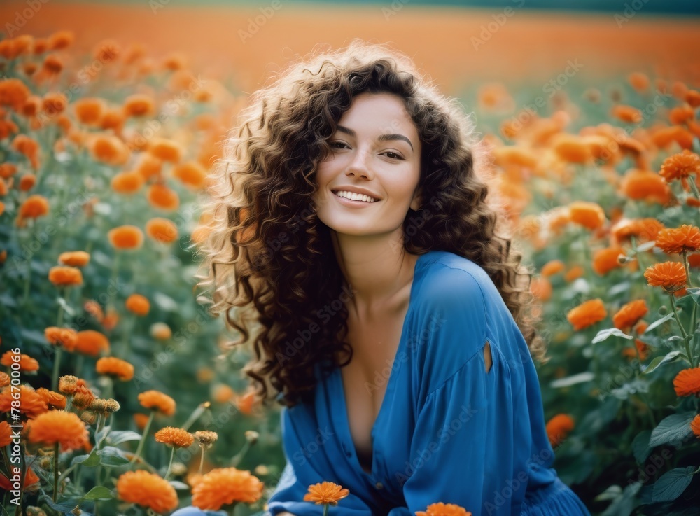 Naklejka premium Girl in a dress sits in a meadow among flowers 