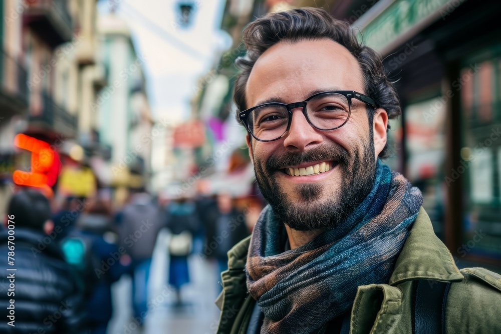 Portrait of a handsome bearded man with glasses and scarf in the city Portrait of a handsome bearded man with glasses and scarf in the city