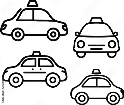This collection consists of 4 different models of taxi cab a land transportation system icons representing  this water way of transportation