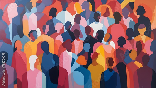 A painting of a diverse crowd of people. Diversity, equity, inclusion and belonging. DEI. Faceless crowd. Lost in the crowd. Abstract shapes