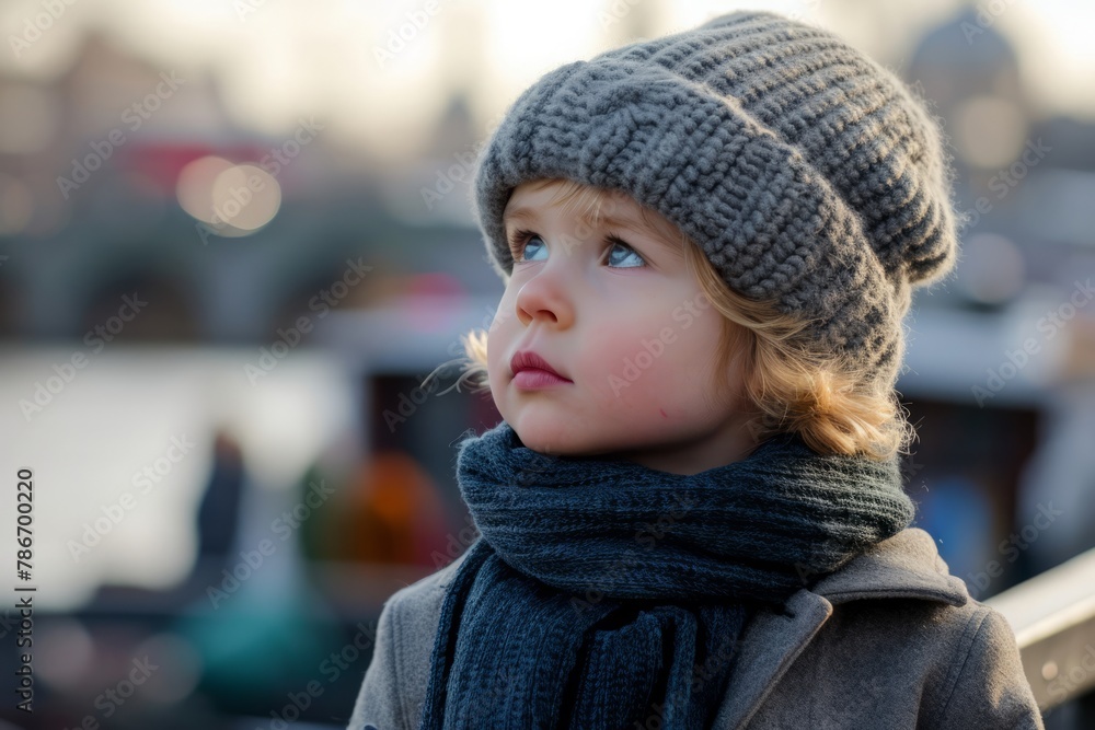 Portrait of a cute little boy in winter hat and scarf outdoors Portrait of a cute little boy in winter hat and scarf outdoors