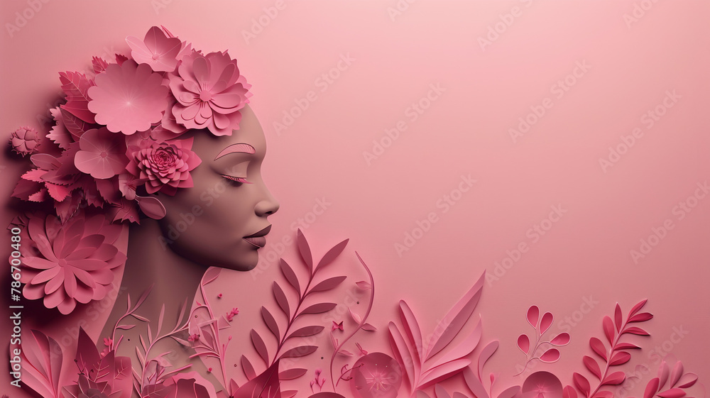 The handcrafted paper cutout art wallpaper over the pink backdrop on International Women's Day.