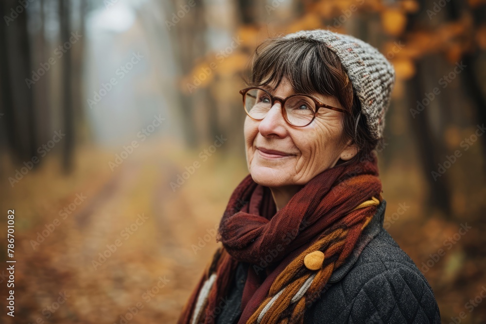 Portrait of a smiling senior woman in the autumn forest. Beauty, fashion. Portrait of a smiling senior woman in the autumn forest. Beauty, fashion.