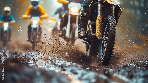 A man on a dirt bike is riding in the rain. Generated by AI photo