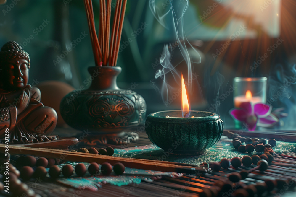 A tranquil photograph depicting spiritual attributes such as candles, incense, and prayer beads, evoking a sense of serenity and introspection in a dreamy style. A tranquil photograph depicting spiritual attributes such as candles, incense, and prayer beads, evoking a sense of serenity and introspection in a dreamy style.