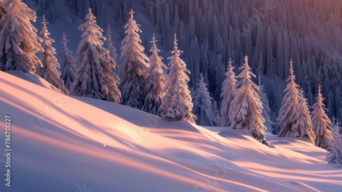 Enchanting Winter Wonderland at Sunrise with Snow-Covered Pines