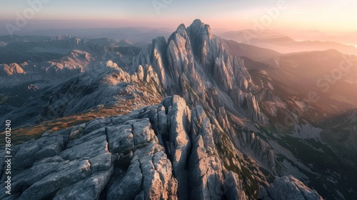 Majestic Mountain Peaks at Sunrise with Soft Golden Light