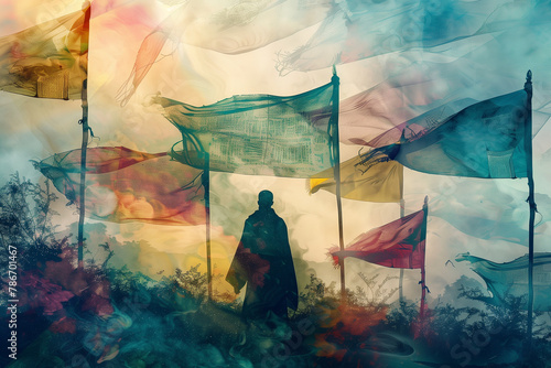 enchanting portrayal of spiritual attributes like prayer flags or sacred art, arranged in a captivating composition and captured in a dreamy style that enhances their symbolic sign
