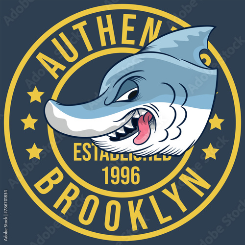 Vintage American old grunge effect tee print vector design. Premium quality superior shark retro logo concept. Shabby t-shirt and hoodie emblem.