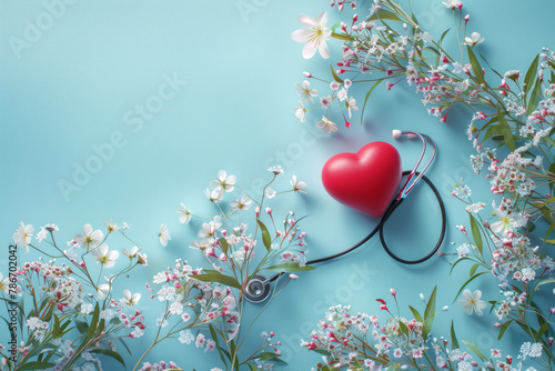 A red heart next to a stethoscope on a beautiful blue background with spring flowers with space for text or inscriptions, top view. Background or banner for hospitals and health centers
 photo