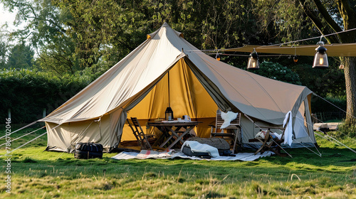 Luxurious glamping setup with a spacious bell tent, comfortable outdoor furniture, and warm lighting in a pastoral setting