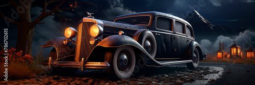 Halloween Banner. Old-fashioned car on creepy night road with mountains and town in background. scary road adventure.