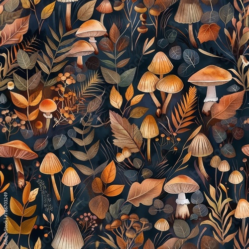 Enchanting Autumn Forest with Mushrooms and Foliage Illustration