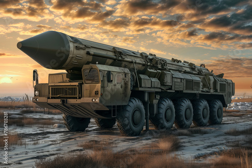 ICBM class long range ballistic missile on a truck, war and conflict theme with space for text or inscriptions 