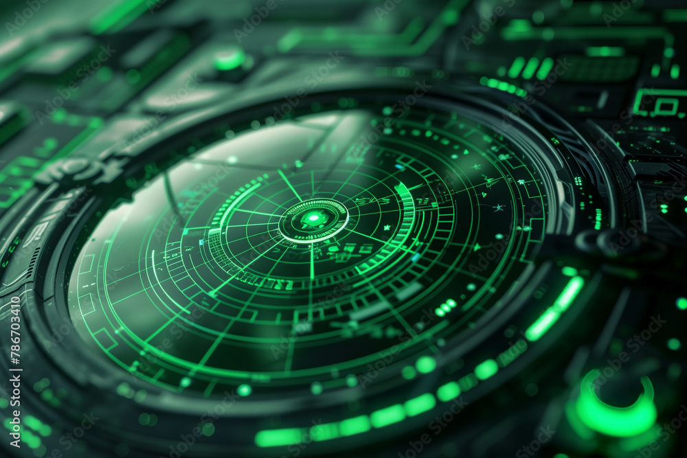 A futuristic close-up of a green military radar screen, highlighting intricate details and advanced technology in a captivating tech style. A futuristic close-up of a green military radar screen, highlighting intricate details and advanced technology in a captivating tech style.