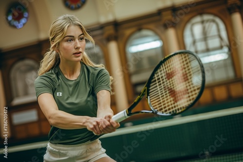 Woman Swinging Tennis Racquet at Ball