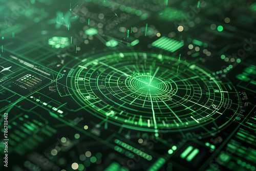 captivating close-up of a green military radar screen, with intricate patterns and data displays showcasing the complexity of military operations, presented in a futuristic tech st