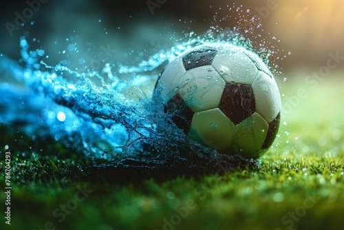 A soccer ball is in the water  with the water splashing around it