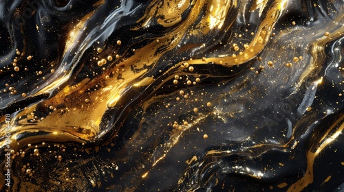 Bright gold and black, fluid, fusion, 3D. Background wallpaper. Abstract golden wavy texture. © Absent Satu