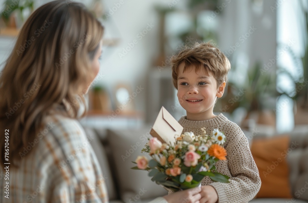 A woman is giving a boy a bouquet of flowers. Happy Mother's Day concept A woman is giving a boy a bouquet of flowers. Happy Mother's Day concept