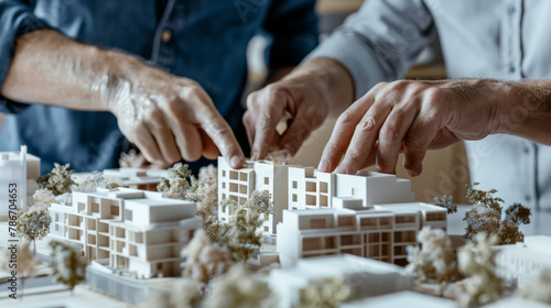 A team of architects meticulously assembling and analyzing a complex residential model, focusing on structural details.
 photo