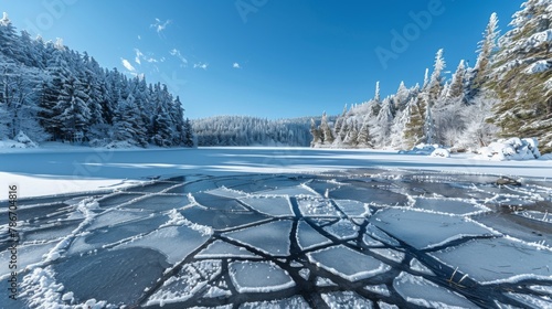 Pristine Winter Wonderland with Scenic Frozen Lake and Snow-Covered Trees