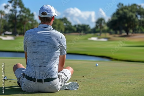 Man Sitting on Golf Green With Golf Ball in the Air