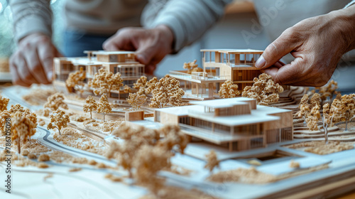 Close-up of hands meticulously adjusting a detailed architectural model with miniature trees and buildings.
