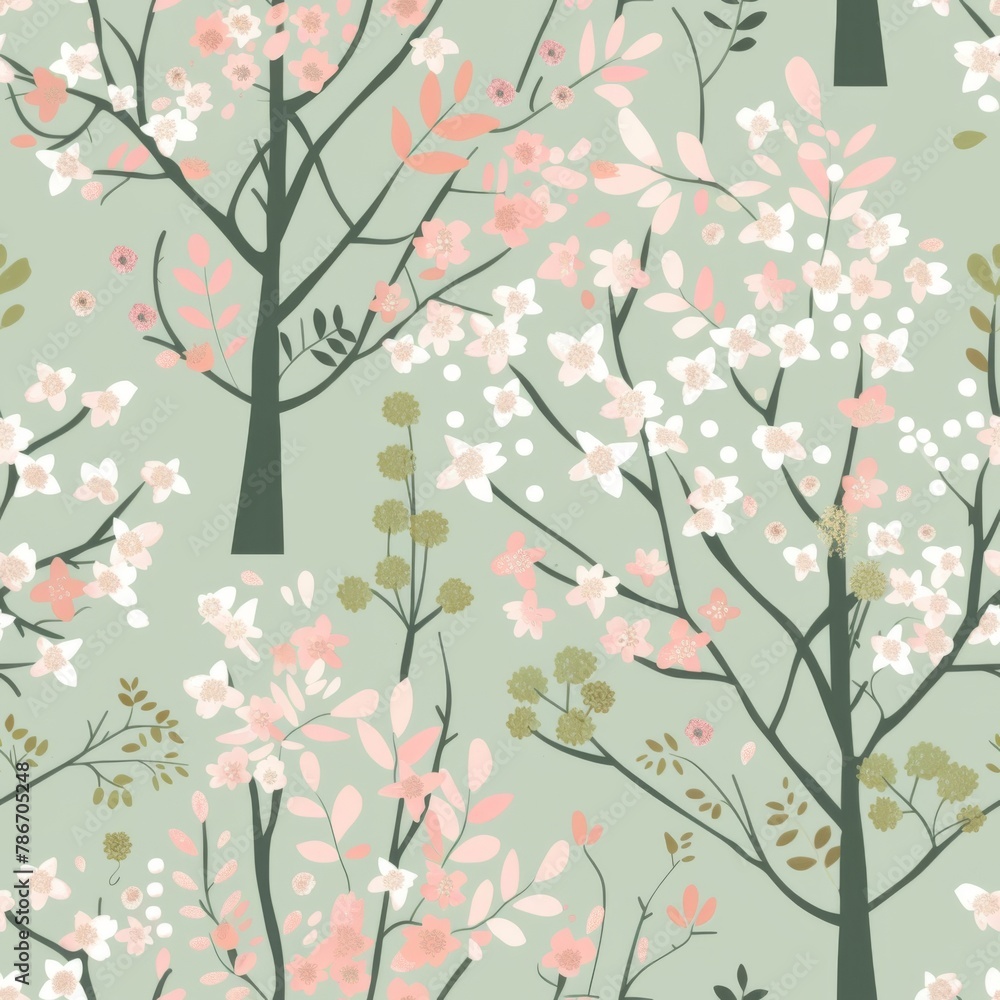Elegant Spring Blossoms and Trees Seamless Pattern Background